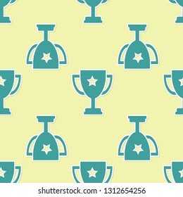 Green Trophy cup icon isolated seamless pattern on yellow background. Award symbol. Champion cup icon. Vector Illustration