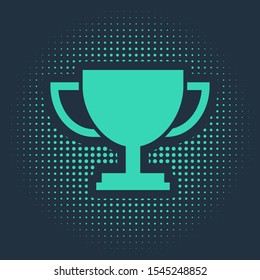 Green Trophy cup icon isolated on blue background. Award symbol. Champion cup icon. Abstract circle random dots. Vector Illustration