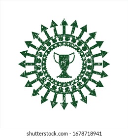 Green trophy icon inside distress rubber grunge stamp