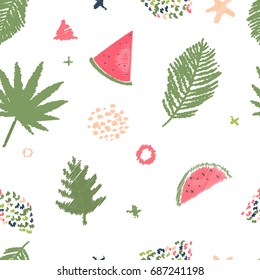 Green tropic leaf pattern with fruits on the white surface with geometry shapes. Creative embroidery design