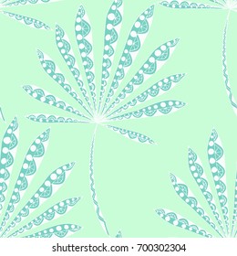 Green Tropic Pattern. Seamless Texture with Exotic Leaves of Palm or Cannabis. Trendy Rapport for Surface, Cloth, Sport Equipment. Ornate Rastafarian Motif in Zentangle Style