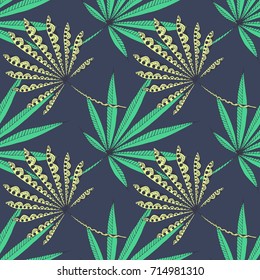 Green Tropic Pattern. Seamless Texture with Exotic Leaves of Palm or Cannabis. Trendy Rapport for Surface, Cloth, Sport Equipment. Ornate Rastafarian Motif in Zentangle Style