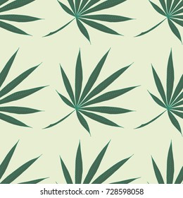 Green Tropic Pattern. Seamless Texture with Exotic Leaves of Palm or Cannabis. Trendy Rapport for Surface, Cloth, Sport Equipment. Ornate Rastafarian Motif in Zentangle Style