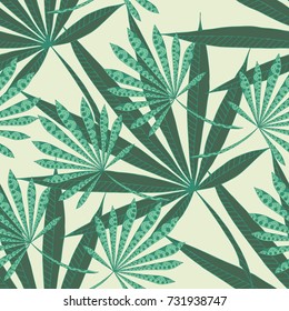 Green Tropic Pattern. Seamless Texture with Exotic Leaves of Palm or Cannabis. Trendy Rapport for Surface, Cloth, Sport Equipment. Ornate Rastafarian Motif in Zentangle Style