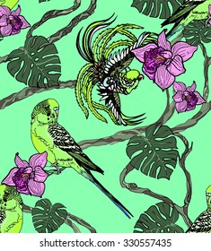 green tropic pattern for wallpaper with parrots