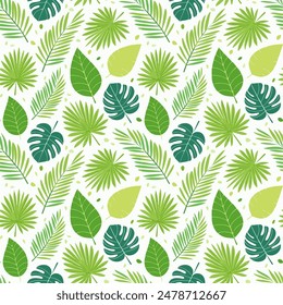 Green tropic plants and leaves pattern wallpaper, tropical kind of green leaves of palm trees and flowers background