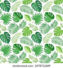 Green tropic plants and leaves pattern wallpaper, tropical kind of green leaves of palm trees and flowers background