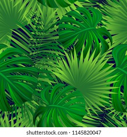 Green tropic repeat texture. Summer exotic background. Tropical palms leaves, monstera, . Vector nature wallpaper. Beautiful backdrop jungle plants. Trendy style. Greenary design.