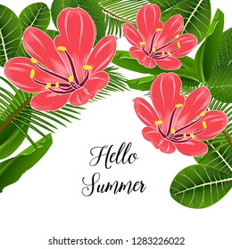 Green tropical abstract pattern with clivia flowers and exotic leaves.