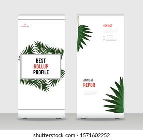 Green tropical Abstract Shapes Modern Exhibition Advertising Trend Business Roll Up Banner Stand Poster Brochure flat design template creative concept. Green tropical Roll Up EPS. Presentation Cover