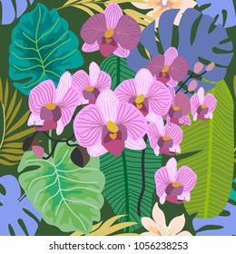 Green tropical background with blooming orchids and palm leaves. Seamless botanical pattern with aloha motifs. Trendy design for textile, cards and invitations.