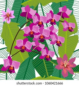 Green tropical background with blooming yellow and purple orchids, ferns and palm leaves. Seamless botanical pattern with aloha motifs. Trendy design for textile, cards and invitations.