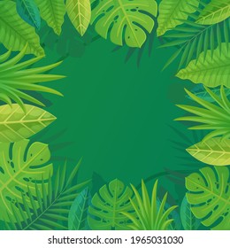 Green tropical background with copy space. Monstera, palm exotic rainforest leaves frame. Can be used as backdrop. Stock vector illustration in cartoon style.