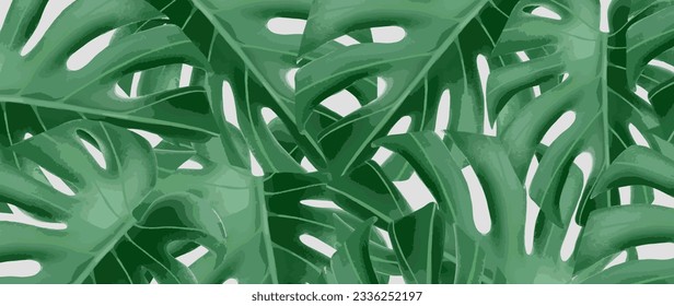 Green tropical background with hand drawn monstera leaves. Botanical background for decor, wallpapers, covers, cards and presentations