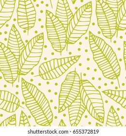 Green tropical background with hand drawn palm leaves, messy dot. Tropic seamless pattern. Vector illustration.