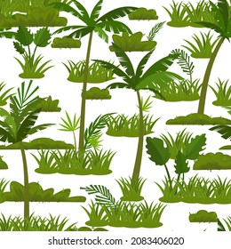 Green tropical background with jungle leaves. Isolated on white background. Thickets with palms in cartoon style. Seamless jungle pattern. Landscape with rainforest vector