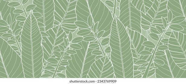 Green tropical background with leaves and branches. Delicate botanical background for decor, wallpapers, postcards and presentations.