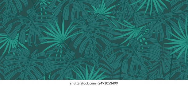 Green tropical background with palm branches and monstera leaves. Vector botanical illustration