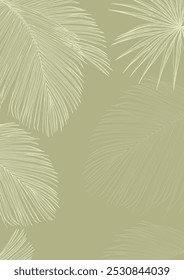 Green tropical card with palm branches. Hand drawn line art illustration. Botanical background.