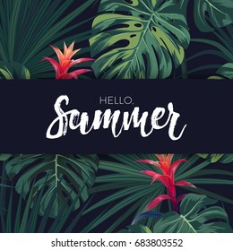 Green tropical design with palm leaves and exotic flowers. Vector floral template.