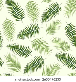 Green tropical foliage, light nature background, seamless abstract palm leaves pattern. Vector illustration for fabric, wallpaper, package, banners