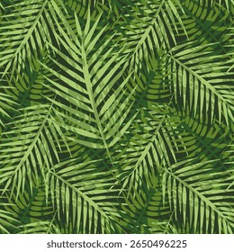 Green tropical foliage, nature dark background, seamless abstract palm leaves pattern. Vector illustration for fabric, wallpaper, package, banners