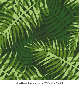 Green tropical foliage, nature dark background, seamless abstract palm leaves pattern. Vector illustration for fabric, wallpaper, package, banners