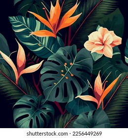 Green tropical forest background monstera leaves, palm leaves, branches. Exotic plants background for banner, template, decor, postcard. Abstract foliage and botanical wallpaper - Vector illustration