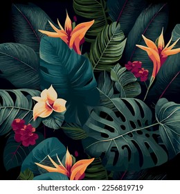 Green tropical forest background monstera leaves, palm leaves, branches. Exotic plants background for banner, template, decor, postcard. Abstract foliage and botanical wallpaper - Vector illustration