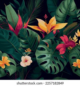 Green tropical forest background monstera leaves, palm leaves, branches. Exotic plants background for banner, template, decor, postcard. Abstract foliage and botanical wallpaper - Vector illustration