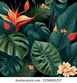 Green tropical forest background monstera leaves, palm leaves, branches. Exotic plants background for banner, template, decor, postcard. Abstract foliage and botanical wallpaper - Vector illustration