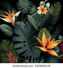 Green tropical forest background monstera leaves, palm leaves, branches. Exotic plants background for banner, template, decor, postcard. Abstract foliage and botanical wallpaper - Vector illustration