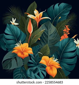 Green tropical forest background monstera leaves, palm leaves, branches. Exotic plants background for banner, template, decor, postcard. Abstract foliage and botanical wallpaper - Vector illustration