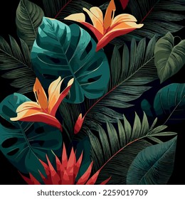 Fondo verde de bosque tropical hojas de monstera, hojas de palma, ramas. Fondo de plantas exóticas para banner, plantilla, decoración, postal. Follaje abstracto y papel mural botánico - Ilustración vectorial