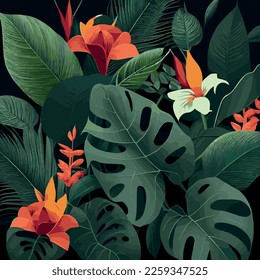 Fondo verde de bosque tropical hojas de monstera, hojas de palma, ramas. Fondo de plantas exóticas para banner, plantilla, decoración, postal. Follaje abstracto y papel mural botánico - Ilustración vectorial