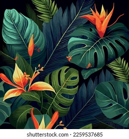 Green tropical forest background monstera leaves, palm leaves, branches. Exotic plants background for banner, template, decor, postcard. Abstract foliage and botanical wallpaper - Vector illustration