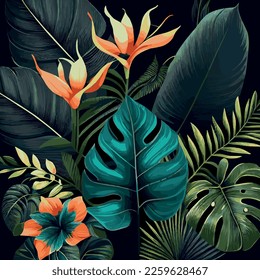 Green tropical forest background monstera leaves, palm leaves, branches. Exotic plants background for banner, template, decor, postcard. Abstract foliage and botanical wallpaper - Vector illustration