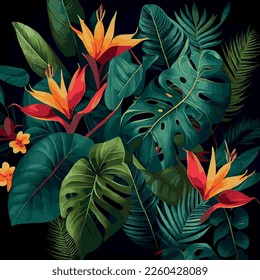 Fondo verde de bosque tropical hojas de monstera, hojas de palma, ramas. Fondo de plantas exóticas para banner, plantilla, decoración, postal. Follaje abstracto y papel mural botánico - Ilustración vectorial