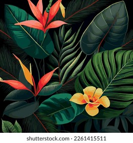 Grüne tropische Waldhintergrund Monstera Blätter, Palmblätter, Äste. Exotische Pflanzen Hintergrund für Banner, Vorlage, Dekoration, Postkarte. Abstraktes Blattwerk und botanische Tapete - Vektorgrafik