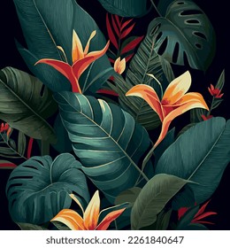 Green tropical forest background monstera leaves, palm leaves, branches. Exotic plants background for banner, template, decor, postcard. Abstract foliage and botanical wallpaper - Vector illustration