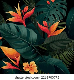 Green tropical forest background monstera leaves, palm leaves, branches. Exotic plants background for banner, template, decor, postcard. Abstract foliage and botanical wallpaper - Vector illustration