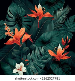 Green tropical forest background monstera leaves, palm leaves, branches. Exotic plants background for banner, template, decor, postcard. Abstract foliage and botanical wallpaper - Vector illustration