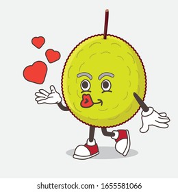Green Tropical Fruit cartoon mascot character teasing with heart kiss