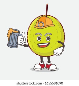 Green Tropical Fruit cartoon mascot character holding a glass of beer