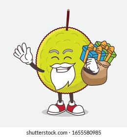 Green Tropical Fruit cartoon santa mascot character having a sack of gifts