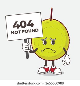 Green Tropical Fruit cheerless face cartoon mascot character holding a 404 board