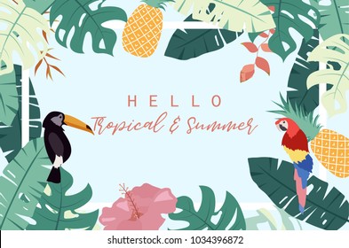 Green tropical greeting card with palm, coconut tree,hibiscus,hornbill,parrot,pineapple and flower
