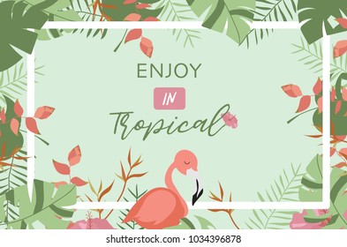 Green tropical greeting card with palm, coconut tree,hibiscus,flamingo and flower