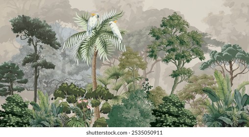 Fondo de pantalla digital de la ilustración tropical verde, ilustración tropical del mural de la pared.