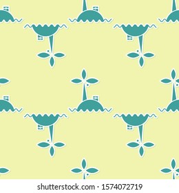 Green Tropical island in ocean icon isolated seamless pattern on yellow background. Landscape with ocean and palm trees. Travel.  Vector Illustration